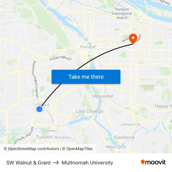 SW Walnut & Grant to Multnomah University map