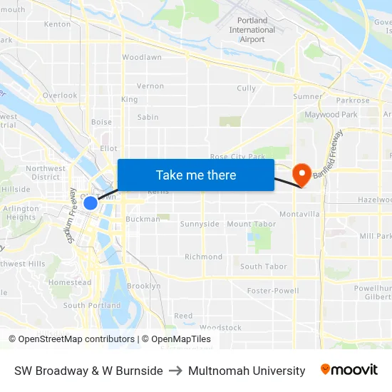 SW Broadway & W Burnside to Multnomah University map
