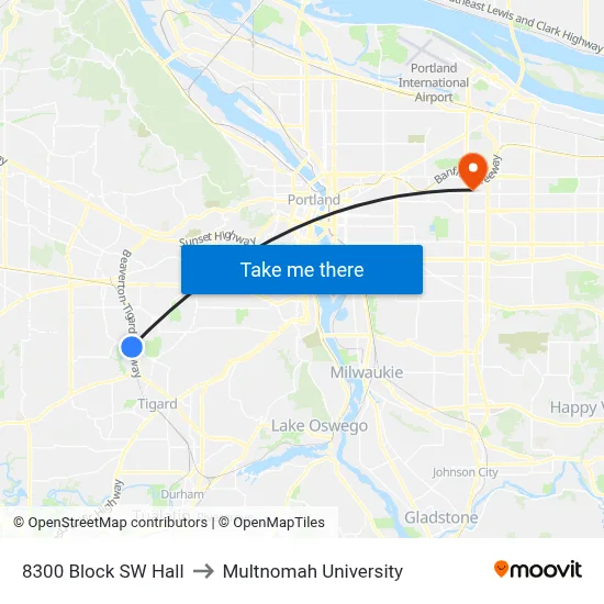 8300 Block SW Hall to Multnomah University map