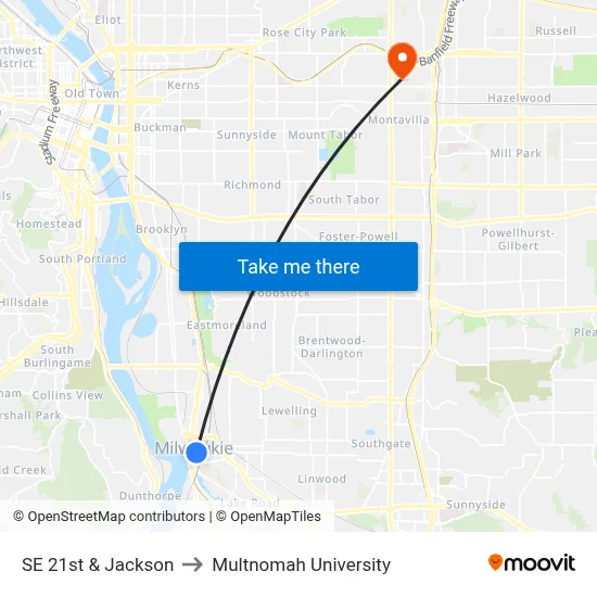 SE 21st & Jackson to Multnomah University map