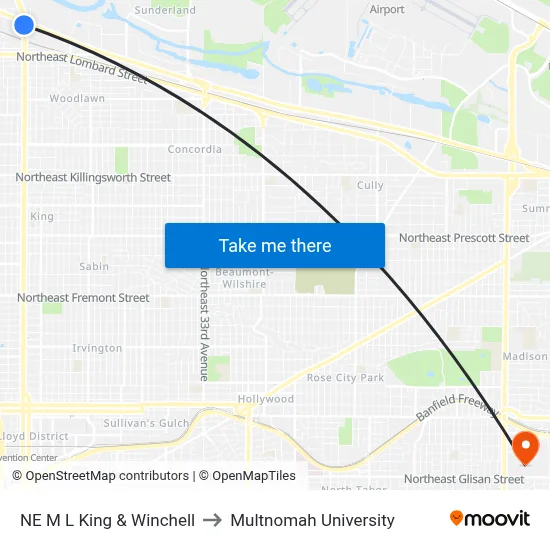 NE M L King & Winchell to Multnomah University map