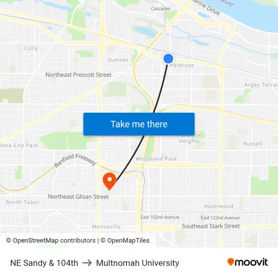 NE Sandy & 104th to Multnomah University map