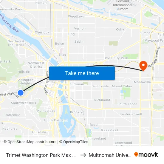 Trimet Washington Park Max Station to Multnomah University map