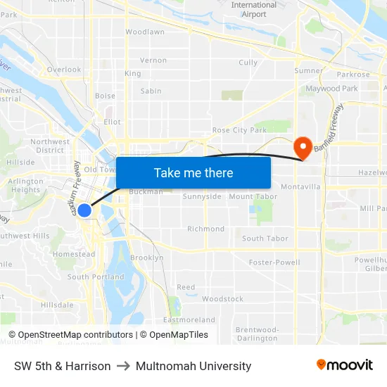 SW 5th & Harrison to Multnomah University map