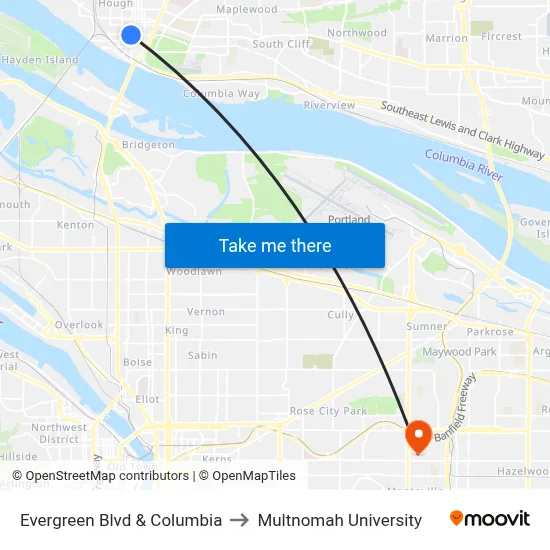 Evergreen Blvd & Columbia to Multnomah University map
