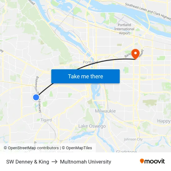 SW Denney & King to Multnomah University map
