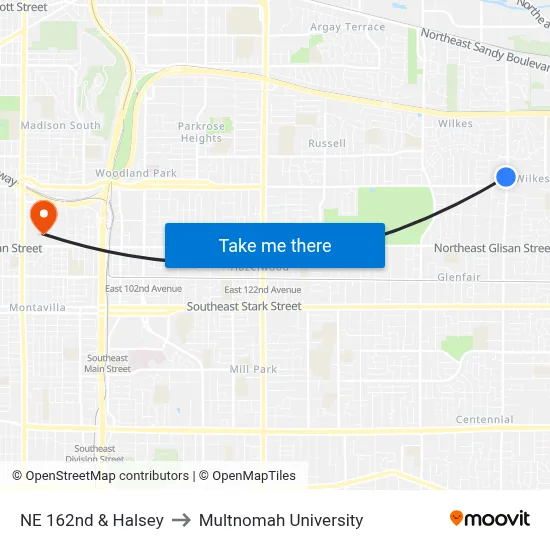 NE 162nd & Halsey to Multnomah University map