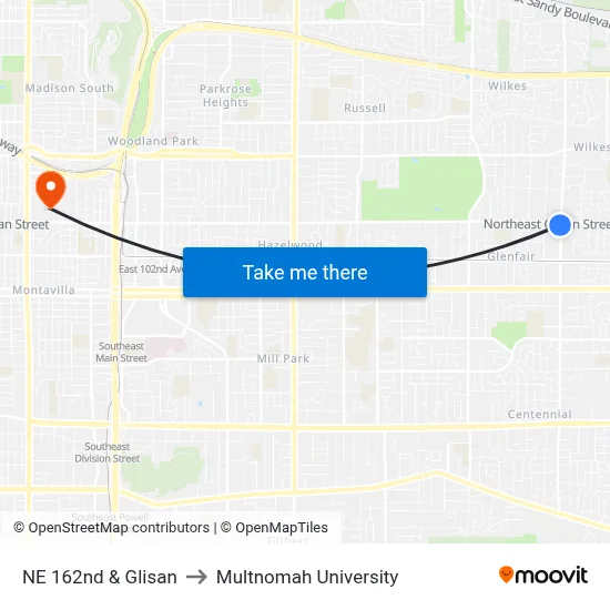 NE 162nd & Glisan to Multnomah University map