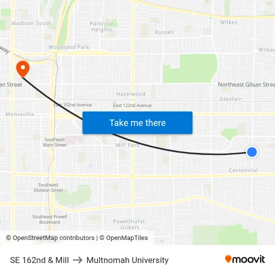 SE 162nd & Mill to Multnomah University map