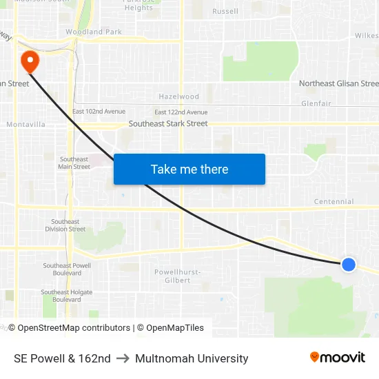 SE Powell & 162nd to Multnomah University map