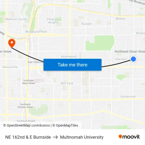 NE 162nd & E Burnside to Multnomah University map