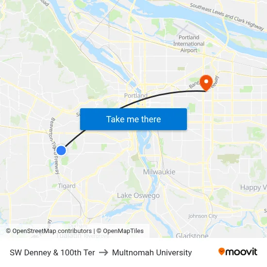 SW Denney & 100th Ter to Multnomah University map