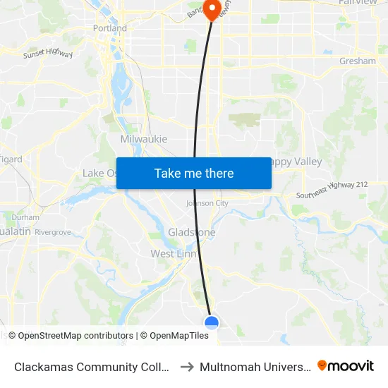 Clackamas Community College to Multnomah University map