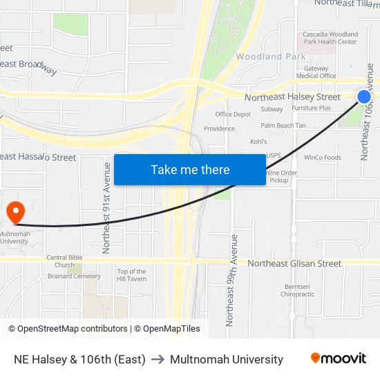 NE Halsey & 106th (East) to Multnomah University map