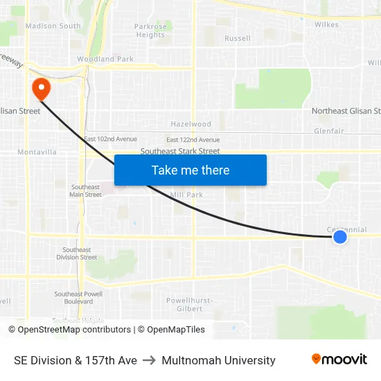 SE Division & 157th Ave to Multnomah University map