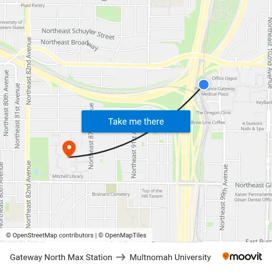 Gateway North Max Station to Multnomah University map