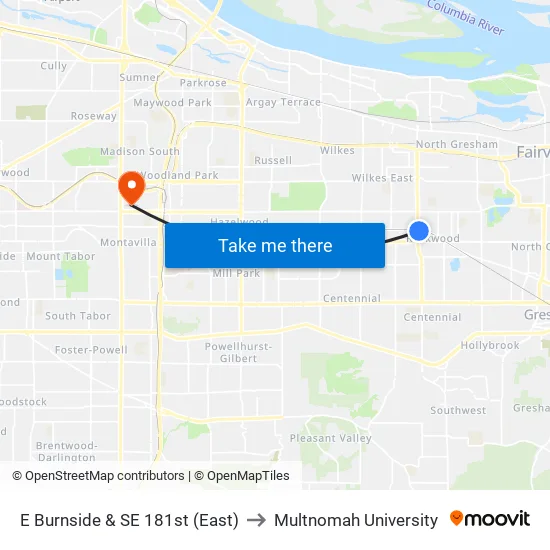 E Burnside & SE 181st to Multnomah University map