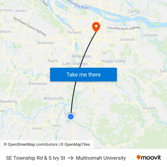 SE Township Rd & S Ivy St to Multnomah University map