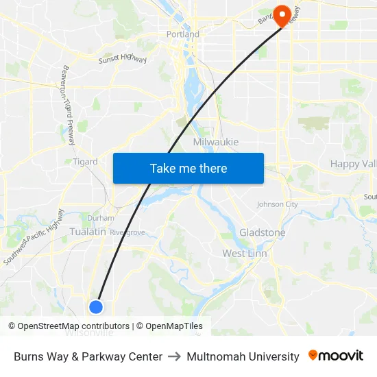Burns Way & Parkway Center to Multnomah University map