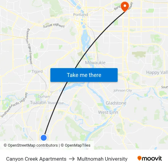 Canyon Creek Apartments to Multnomah University map