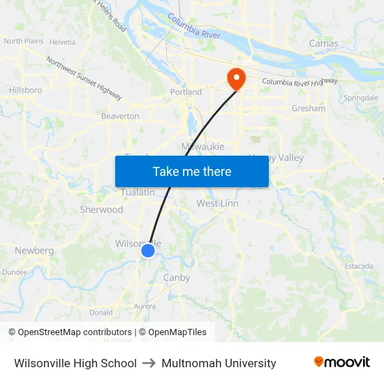Wilsonville High School to Multnomah University map
