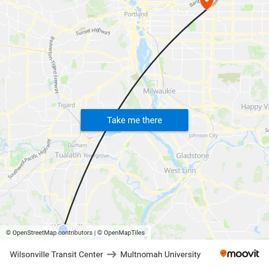 Wilsonville Transit Center to Multnomah University map
