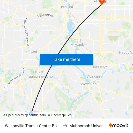 Wilsonville Transit Center Bay 10 to Multnomah University map