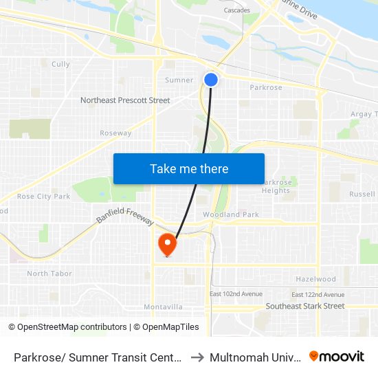 Parkrose/ Sumner Transit Center (East) to Multnomah University map