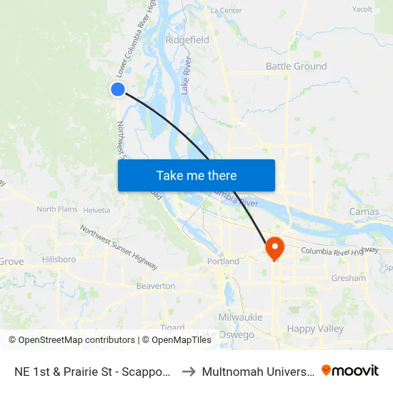 NE 1st & Prairie St - Scappoose to Multnomah University map
