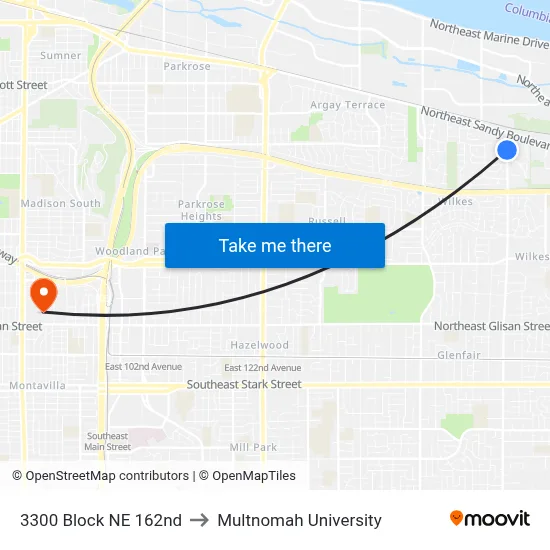 3300 Block NE 162nd to Multnomah University map