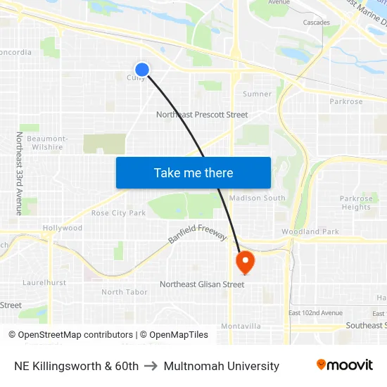 NE Killingsworth & 60th to Multnomah University map