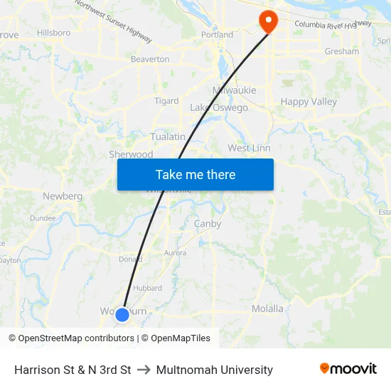 Harrison St & N 3rd St to Multnomah University map