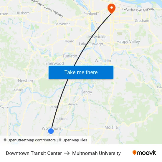 Downtown Transit Center to Multnomah University map