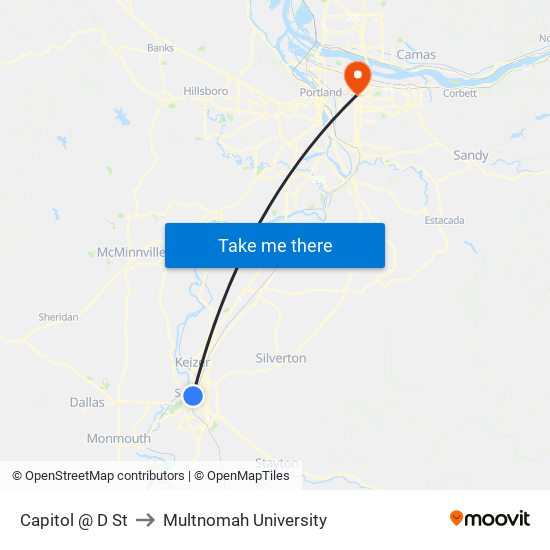 Capitol @ D St to Multnomah University map