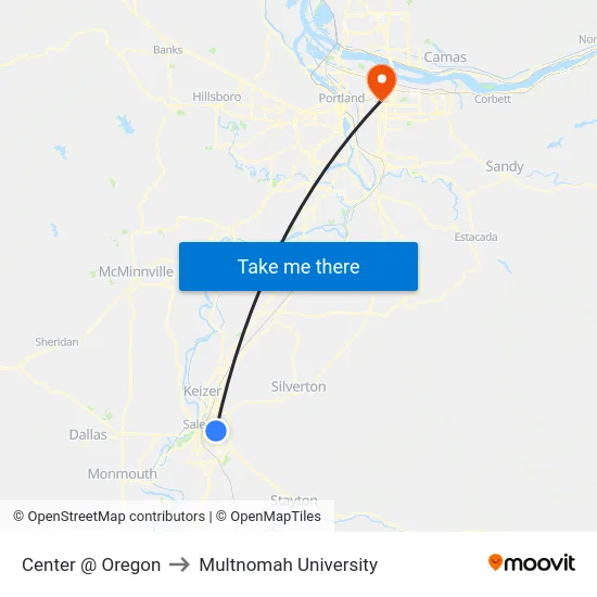 Center @ Oregon to Multnomah University map