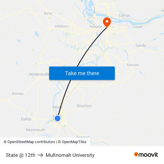 State @ 12th to Multnomah University map