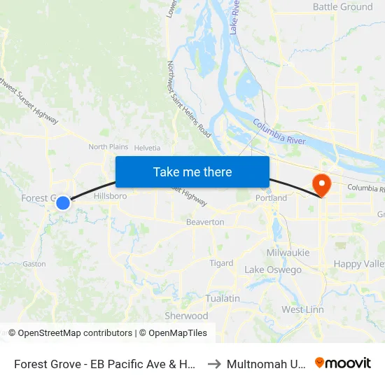 Forest Grove - EB Pacific Ave & Hwy 47 (Tm 4306) to Multnomah University map