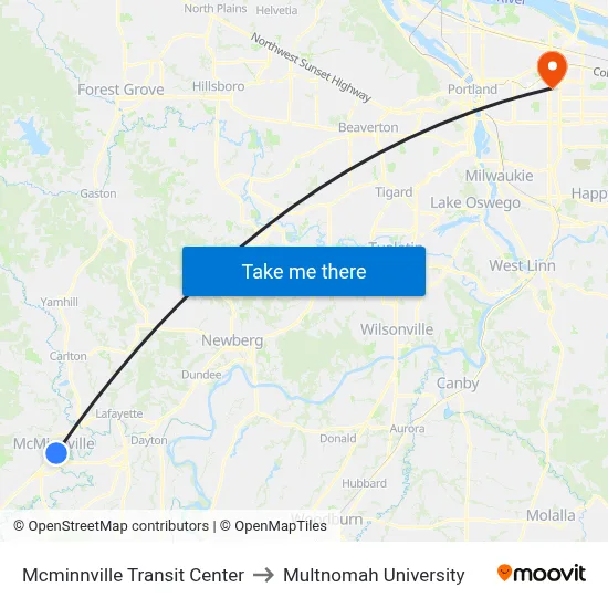 Mcminnville Transit Center to Multnomah University map