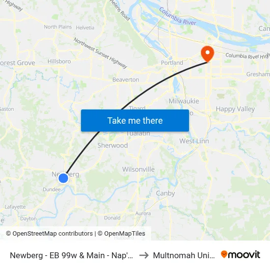 Newberg - EB 99w & Main - Nap's Thriftway to Multnomah University map