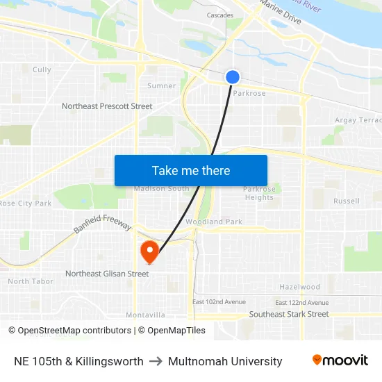 NE 105th & Killingsworth to Multnomah University map