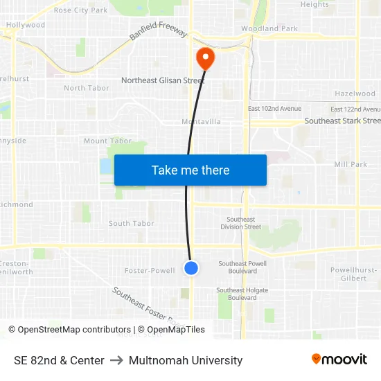 SE 82nd & Center to Multnomah University map