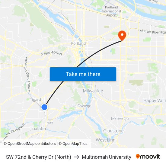 SW 72nd & Cherry Dr (North) to Multnomah University map
