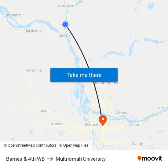 Barnes & 4th WB to Multnomah University map