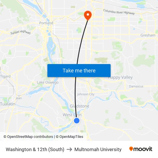 Washington & 12th (South) to Multnomah University map