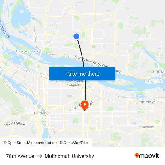 78th Avenue to Multnomah University map