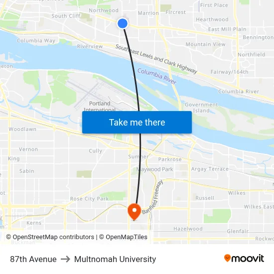 87th Avenue to Multnomah University map