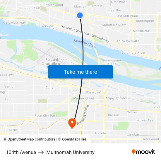 104th Avenue to Multnomah University map