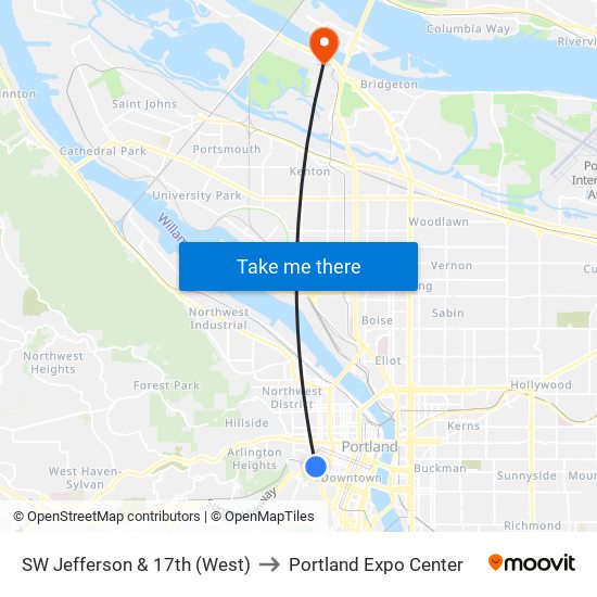 SW Jefferson & 17th (West) to Portland Expo Center map