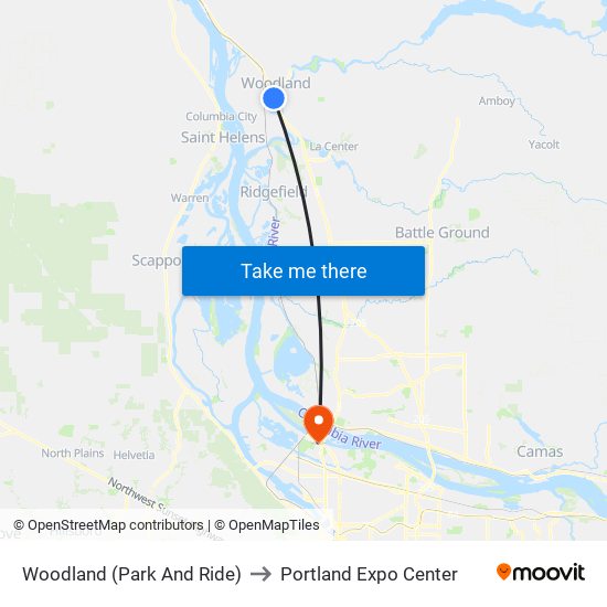 Woodland (Park And Ride) to Portland Expo Center map