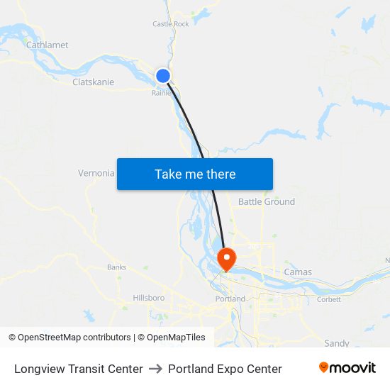 Longview Transit Center to Portland Expo Center map